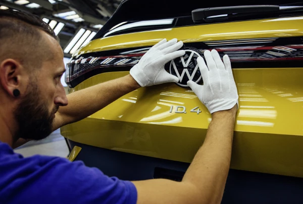 VW Sachsen – in der Produktion bringt Mitarbeiter Firmenzeichen am Auto an
