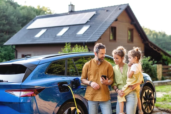 Familie steht neben E-Auto und schaut auf Smartphone, im Hintergrund steht Haus mit Solarpanele